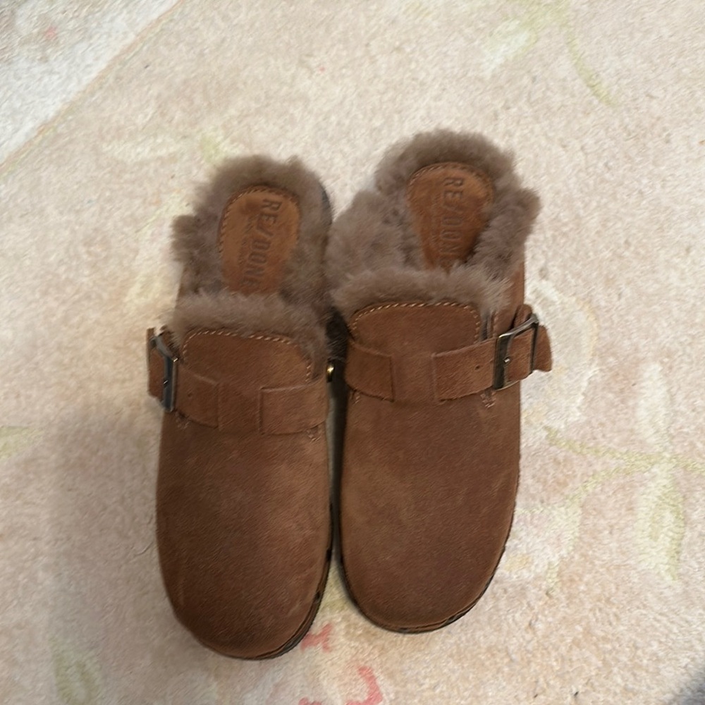 Re/Done Brown Suede Mules with Fur Lining